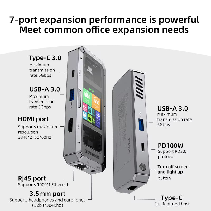 PIVA G71  7 in 1 Aluminum Alloy Office Docking Station Smart Screen Display Type-C to HDMI2.0 USB3.0 HUB PD100W Adapter