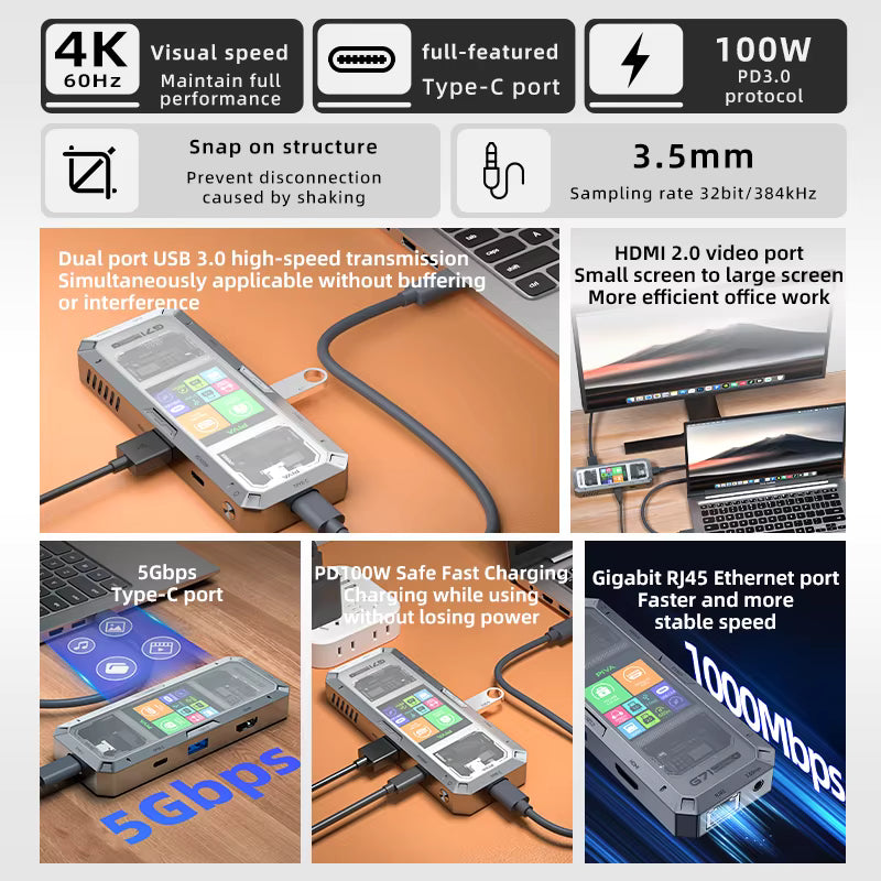 PIVA G71  7 in 1 Aluminum Alloy Office Docking Station Smart Screen Display Type-C to HDMI2.0 USB3.0 HUB PD100W Adapter