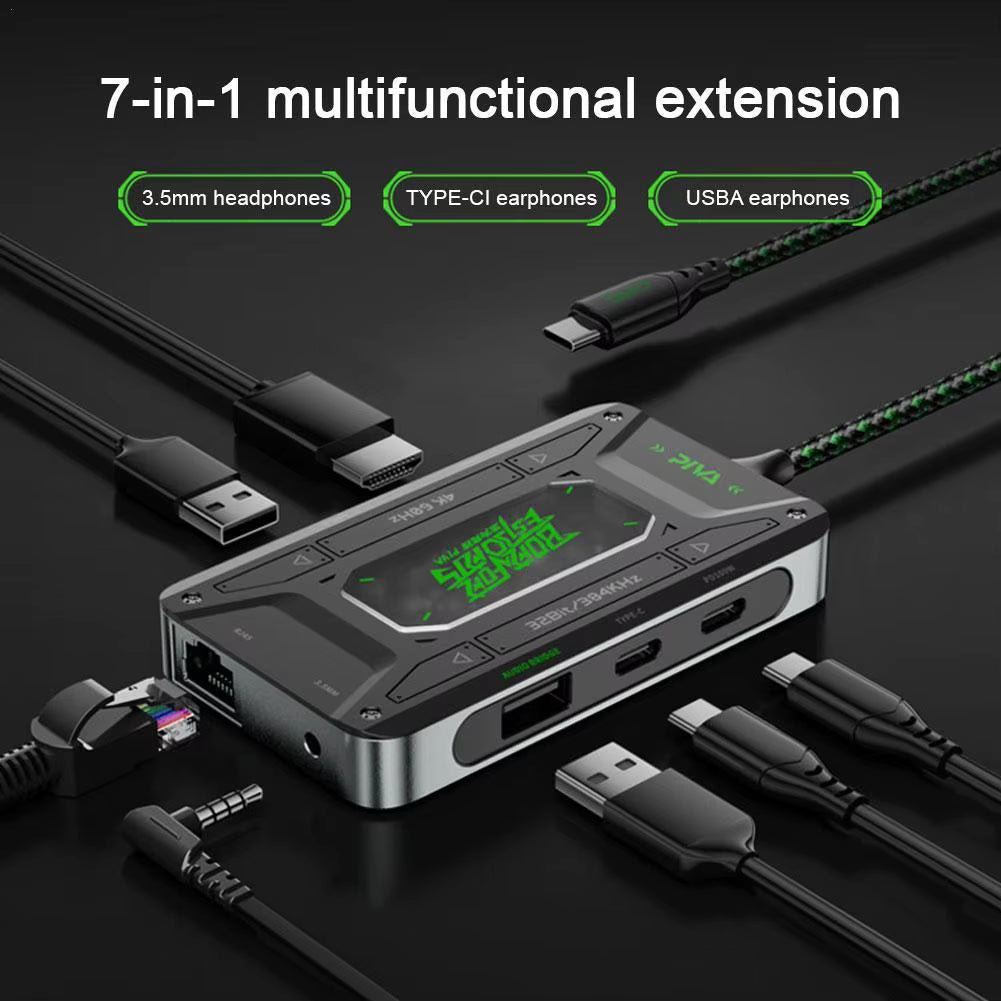 PIVA DS7 7-in-1 USB C Adapter Station Multiport Dongle Docking With HDMI 2 USB-A PD 100W USB-C Charging Port 3.5mm Ethernet Interface