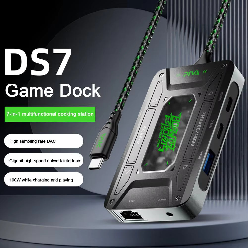 PIVA DS7 7-in-1 USB C Adapter Station Multiport Dongle Docking With HDMI 2 USB-A PD 100W USB-C Charging Port 3.5mm Ethernet Interface