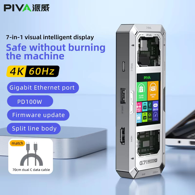 PIVA G71  7 in 1 Aluminum Alloy Office Docking Station Smart Screen Display Type-C to HDMI2.0 USB3.0 HUB PD100W Adapter